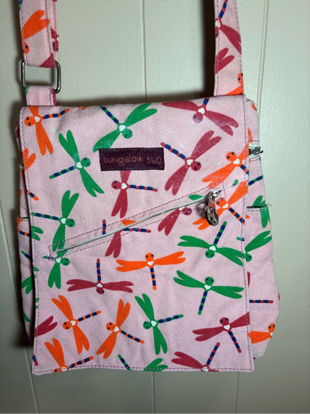 bungalow 360 Pink Dragonfly Print Canvas Crossbody with Green & Orange Accents